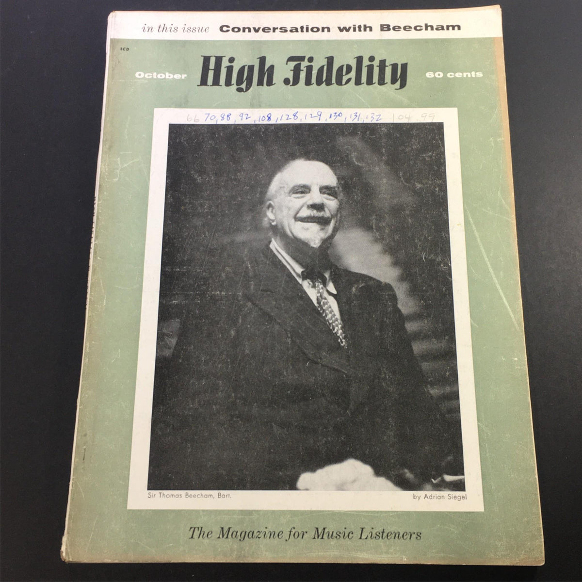 Cover of the VTG High Fidelity Music Magazine from October 1958 featuring Sir Thomas Beecham Bart, showcasing a vintage design and music history.