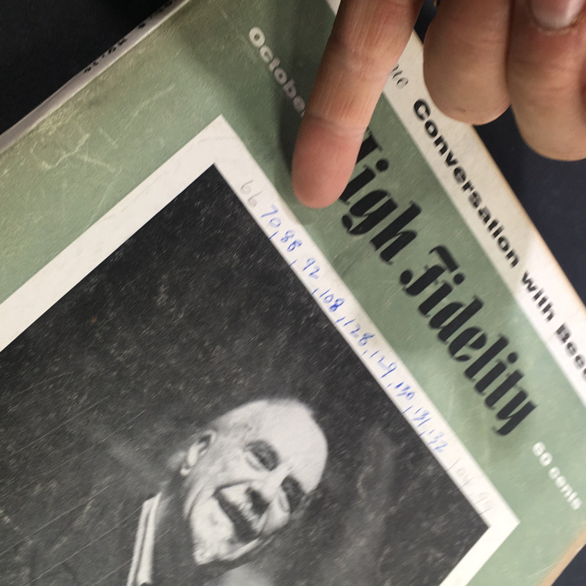Top corner detail of the October 1958 VTG High Fidelity Music Magazine, with handwritten notes on the cover and a prominent image of Sir Thomas Beecham Bart.