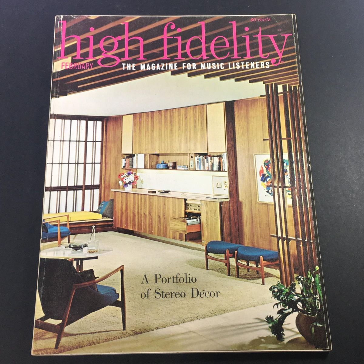 Cover of the VTG High Fidelity Music Magazine February 1964, featuring modern interior decor with stylish furniture and a portfolio of stereo decor highlighted, showcasing the design aesthetics of the 1960s.