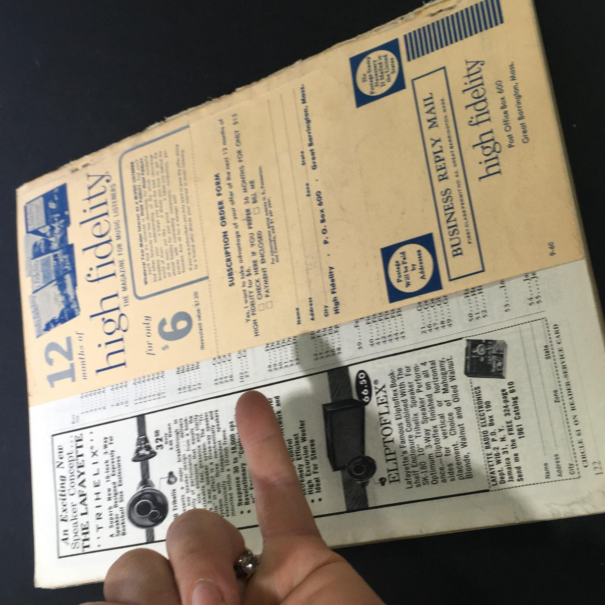 Back cover of the VTG High Fidelity Music Magazine September 1960 displaying subscription information and advertisements from that era.