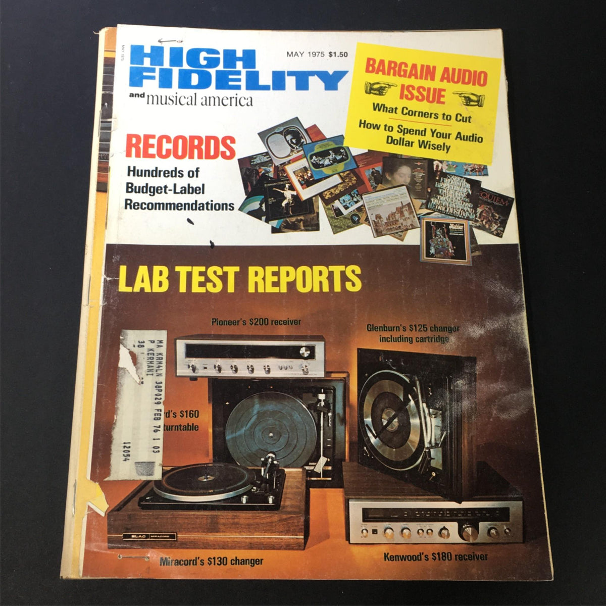 Cover of VTG High Fidelity Music Magazine May 1975 - Bargain Audio Issue featuring lab test reports and budget-label records recommendations along with audio equipment images.