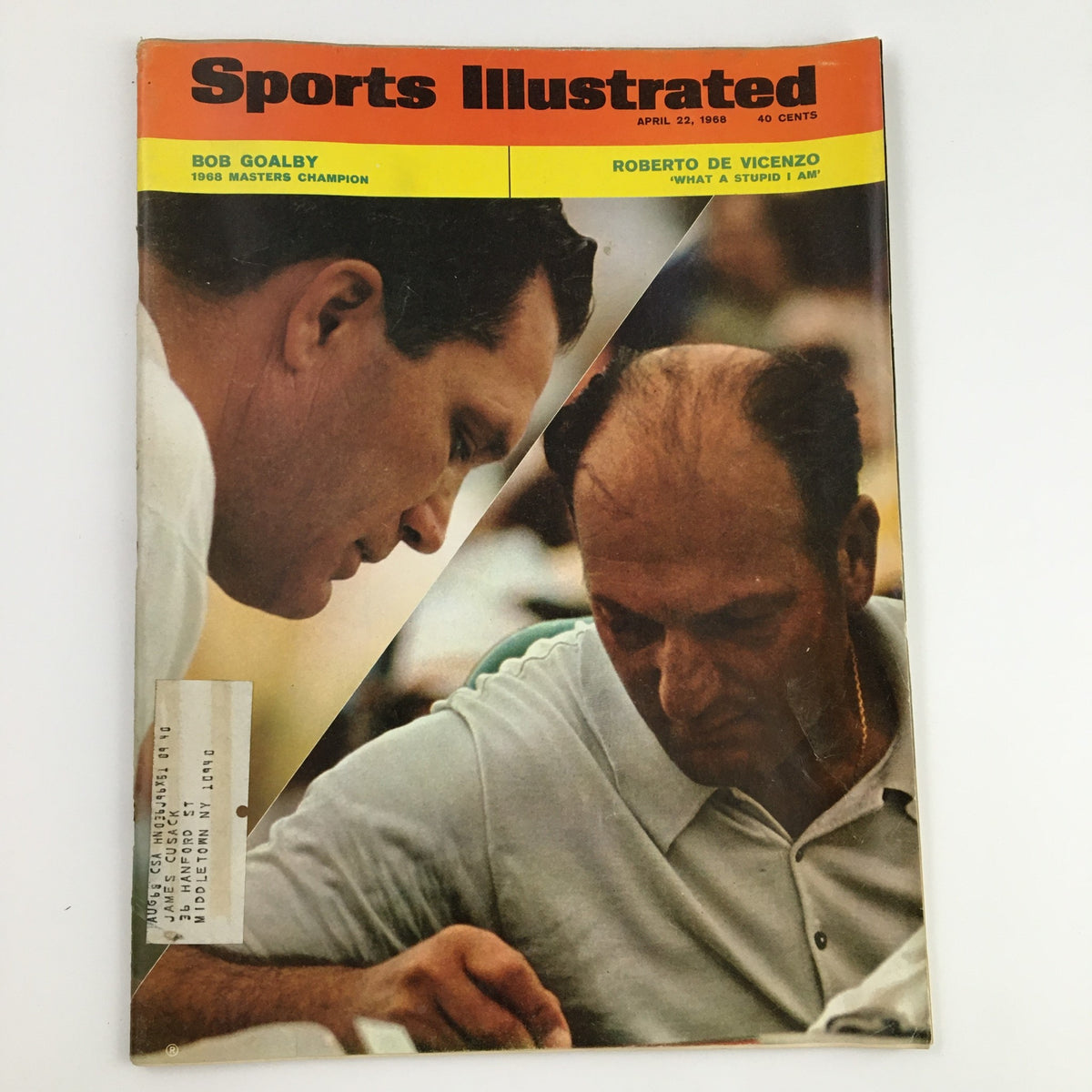 Sports Illustrated Magazine April 22, 1968 featuring Bob Goalby and Roberto De Vincenzo on the cover, showcasing a historic moment in golf.