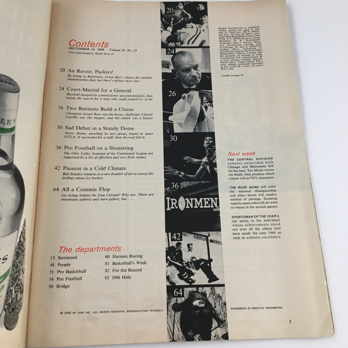 Contents page of Sports Illustrated Magazine December 16, 1968, highlighting articles including Pro Football on a Shoestring and Sad Debut in a Stately Dome, reflecting the sports culture of the time.