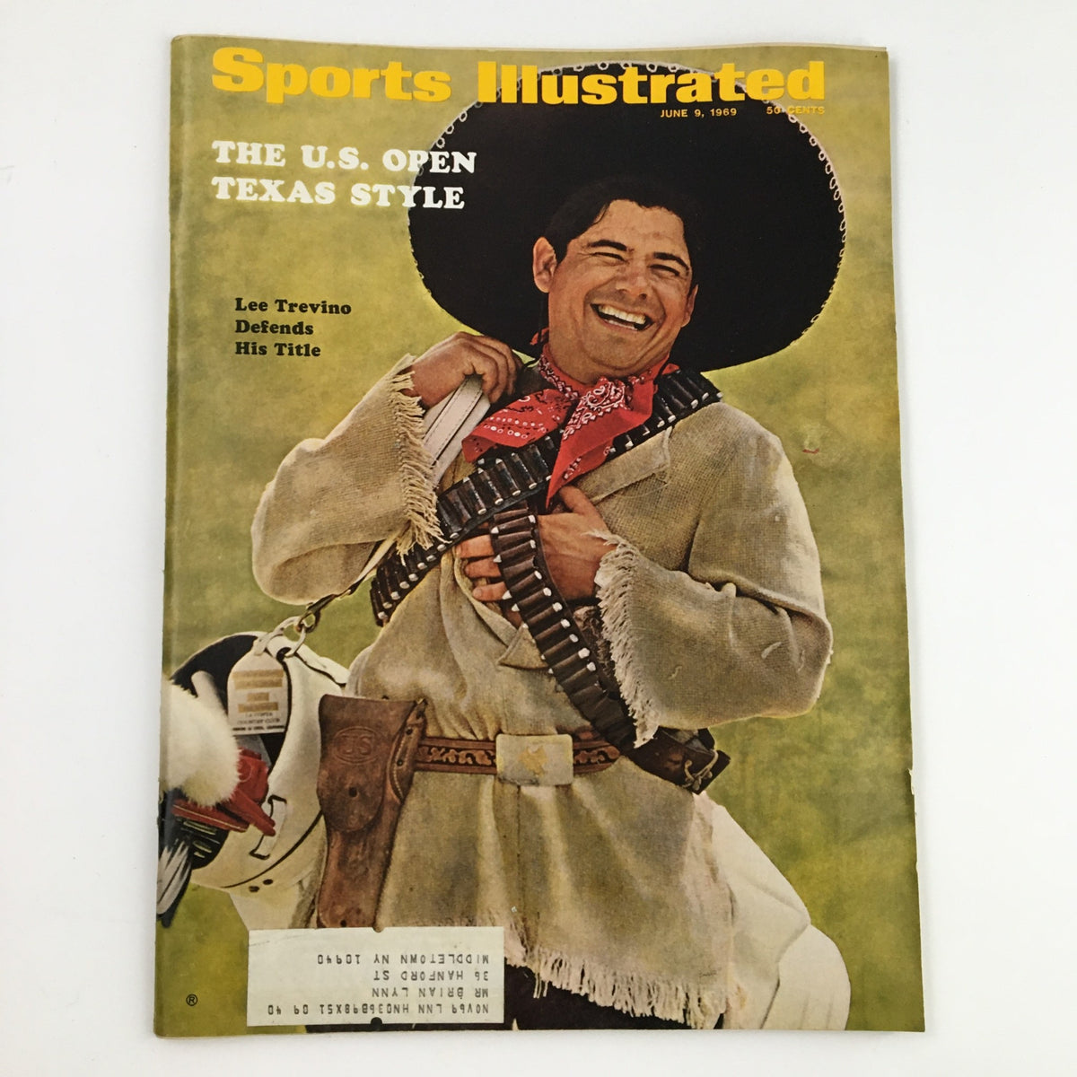 Sports Illustrated Magazine June 9 1969 cover featuring Lee Trevino defending his title, showcasing him in a traditional attire with a sombrero, highlighting the U.S. Open Texas style theme.