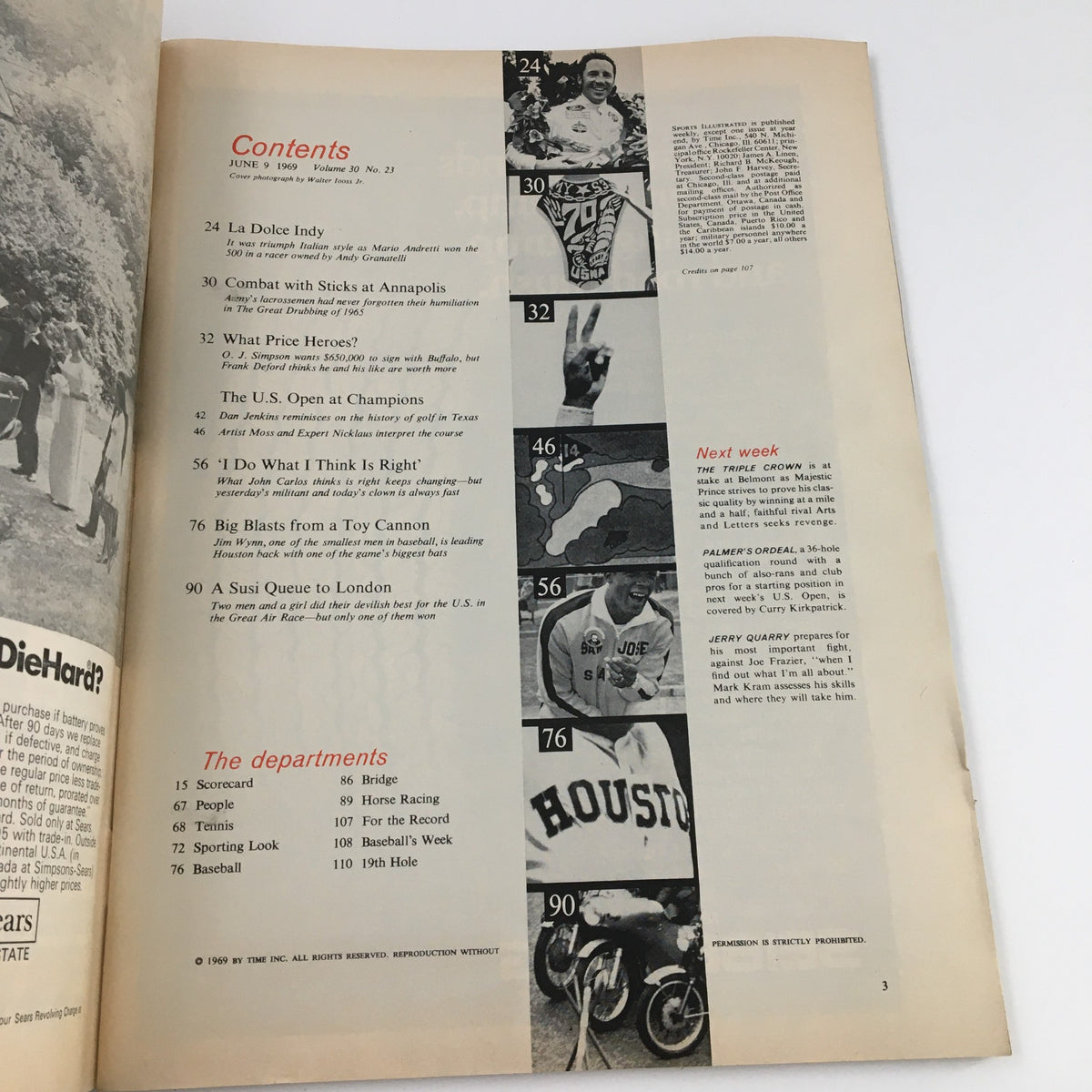 Inside page of Sports Illustrated Magazine June 9 1969 displaying the contents section with highlights of features including the U.S. Open, maintaining a vintage design aesthetic.