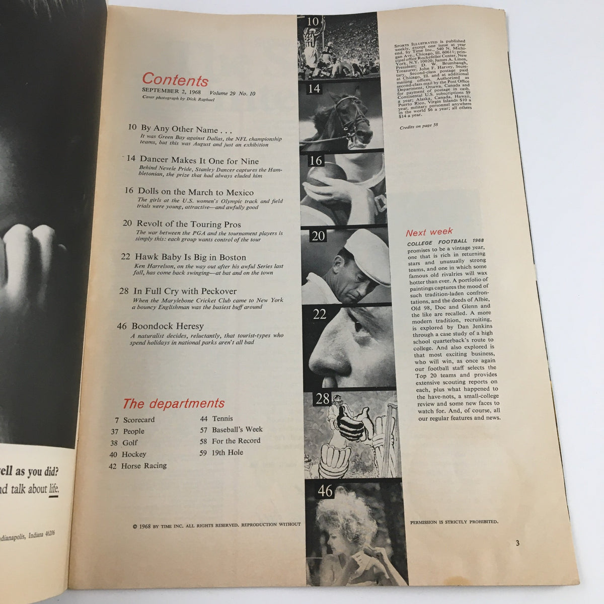 Inside page of Sports Illustrated Magazine from September 2, 1968 displaying the contents section, highlighting articles related to sports and culture during the late 1960s.