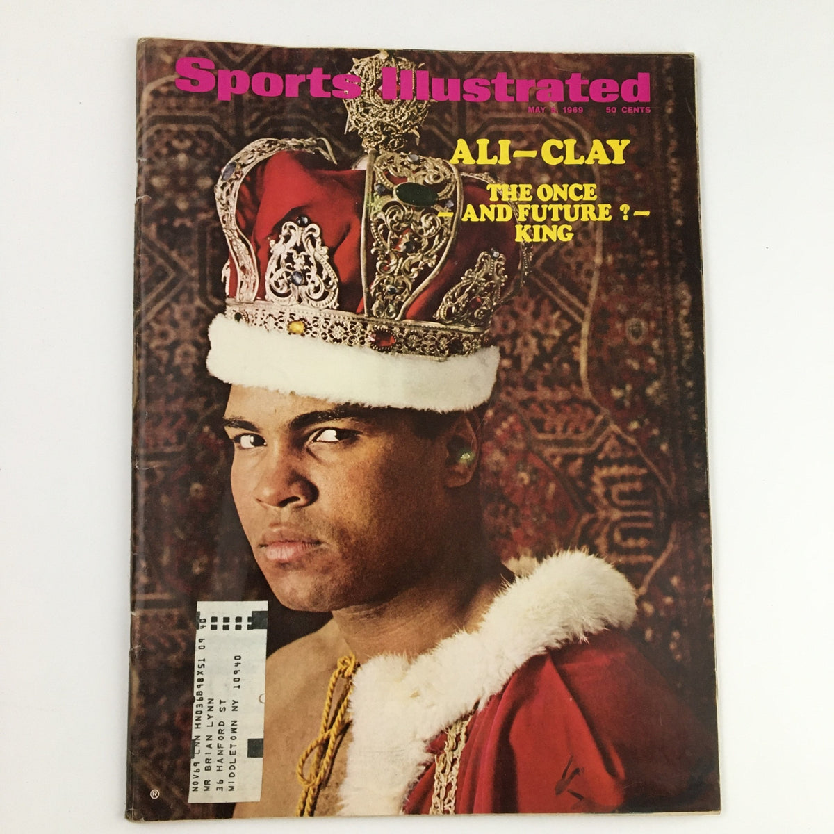 Sports Illustrated Magazine May 5 1969 featuring Muhammad Ali, then known as Cassius Clay, wearing a crown and royal robe. The cover highlights Ali's significance in boxing and culture, titled 'ALI-CLAY THE ONCE AND FUTURE ? - KING'.