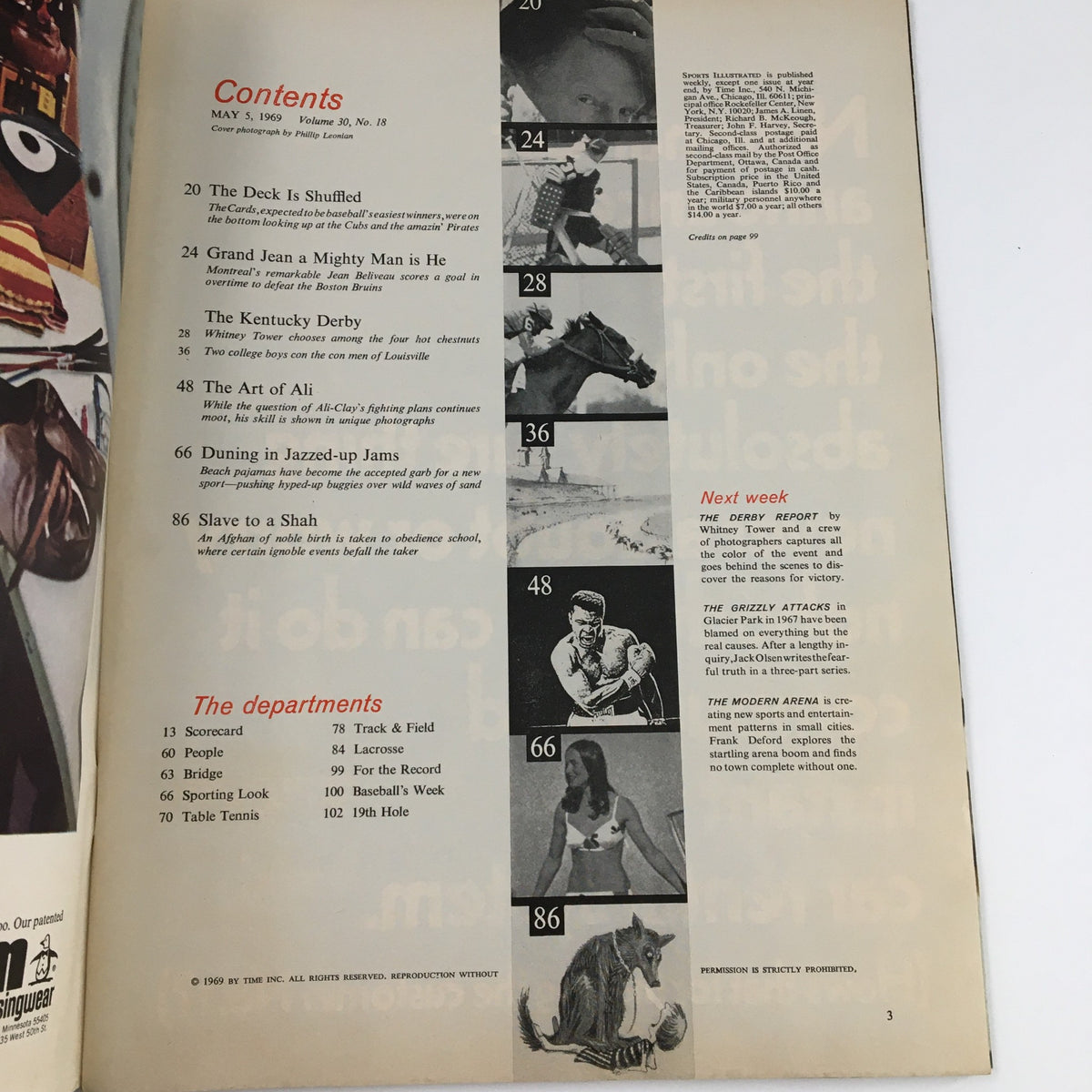 Contents page of the Sports Illustrated Magazine May 5 1969, detailing articles including 'The Art of Ali' and features about boxing.