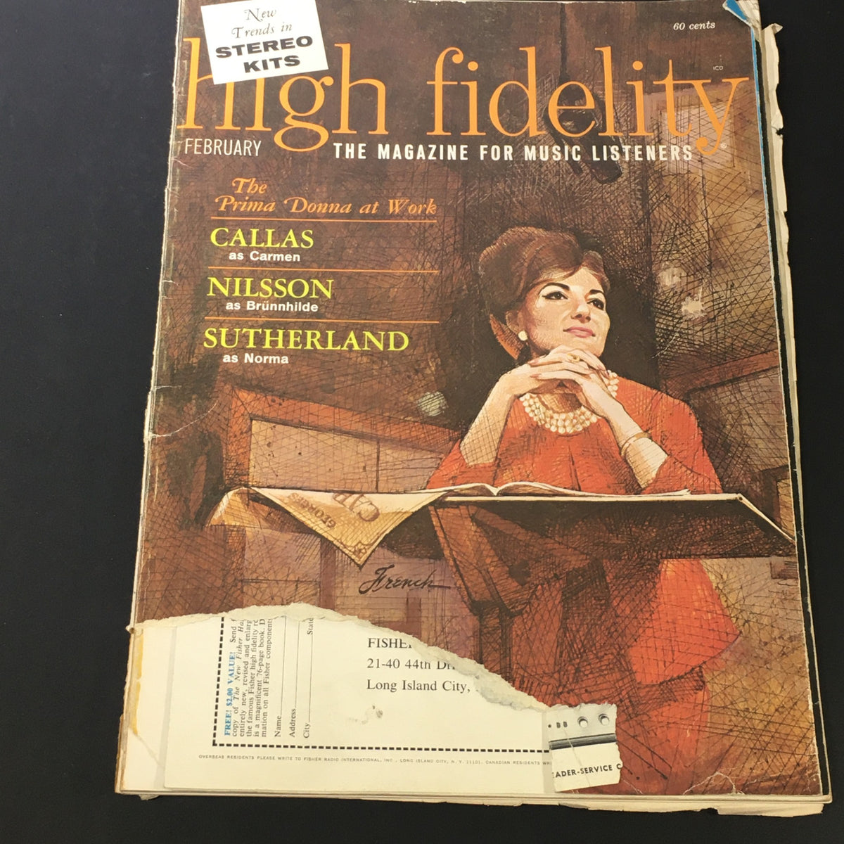 Vintage High Fidelity Music Magazine from February 1965 featuring Maria Callas and Harry Nilsson on the cover, showcasing artistic illustrations and cultural significance in music history.