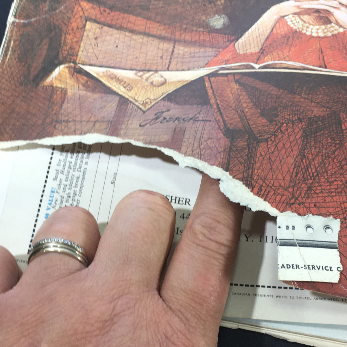Close-up of a vintage magazine page from VTG High Fidelity Music Magazine February 1965 showing age-related wear with torn edges, highlighting its collectible nature.