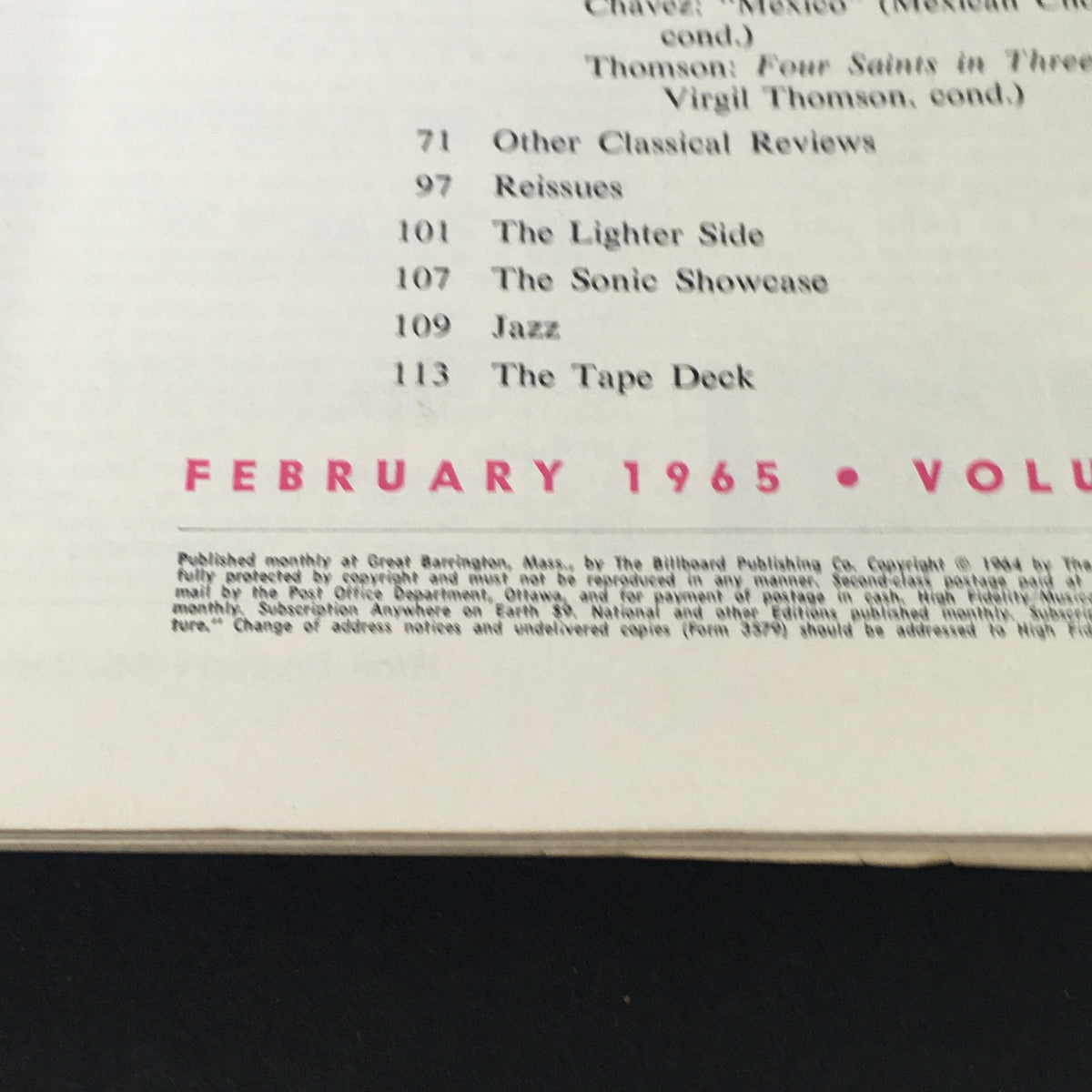 Page from VTG High Fidelity Music Magazine February 1965 displaying the table of contents, emphasizing articles on classical music and cultural reviews.