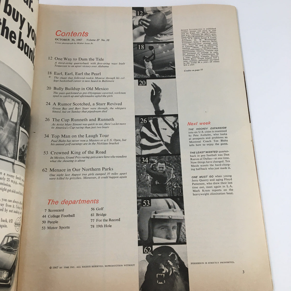 Contents page of Sports Illustrated Magazine dated October 30, 1967, highlighting various articles including 'One Way to Dam the Tide', 'Earl, Earl, Earl the Pearl', and more. This issue features a mix of sports stories along with visuals, presenting a glimpse into sports journalism of the late 1960s.
