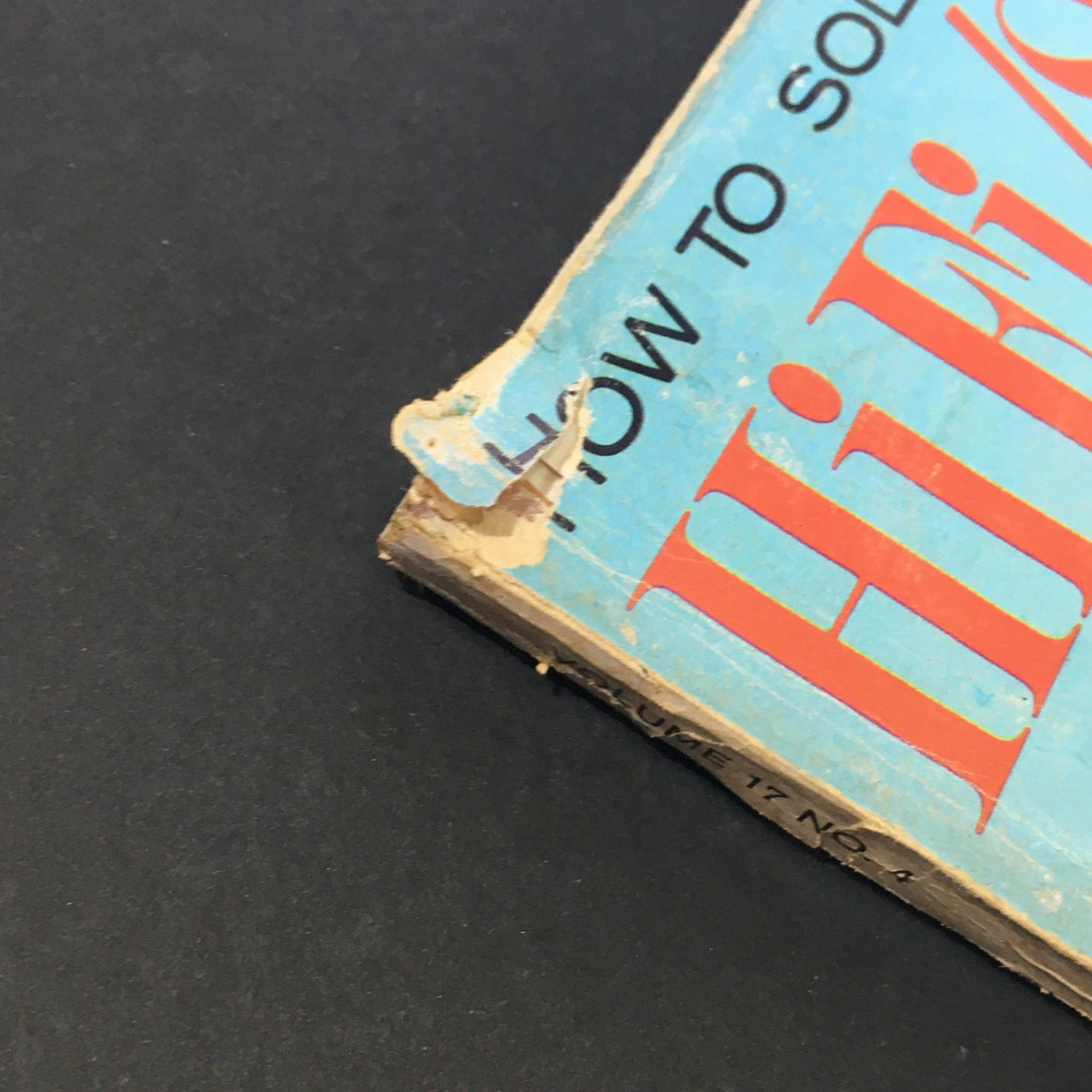 Detail of the spine from VTG HiFi Stereo Review Magazine October 1966, showing wear and tear, and displaying the text 'Volume 17 No. 4' along with the magazine's title.