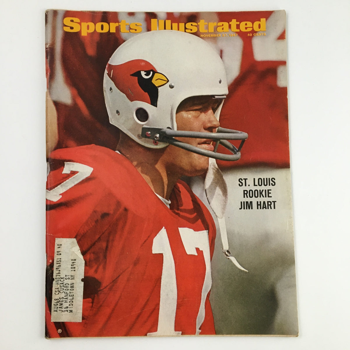 Cover of Sports Illustrated Magazine dated November 27, 1967, featuring St. Louis Rookie Jim Hart in football gear.