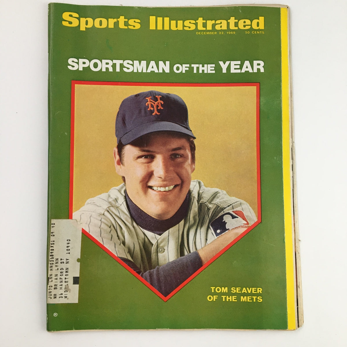 Cover of Sports Illustrated Magazine December 22, 1969 featuring Tom Seaver as Sportsman of the Year, with him wearing a New York Mets cap and smiling.