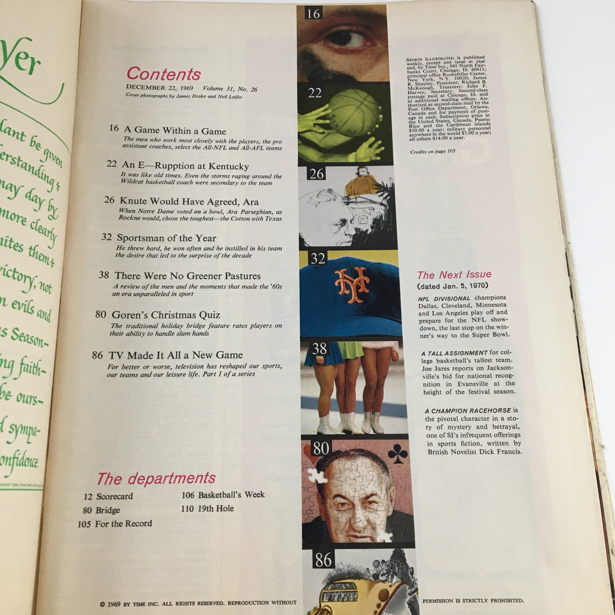 Contents page of Sports Illustrated Magazine December 22, 1969, listing articles including Sportsman of the Year, featuring Tom Seaver, and other sports-related content.