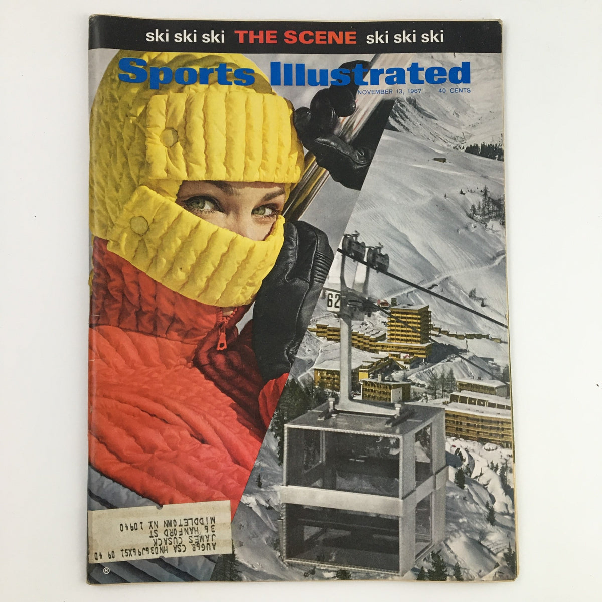 Cover of Sports Illustrated Magazine from November 13, 1967 featuring a vibrant skiing photograph by Ernst Hast, showcasing a skier in a yellow hat amidst a snowy backdrop.