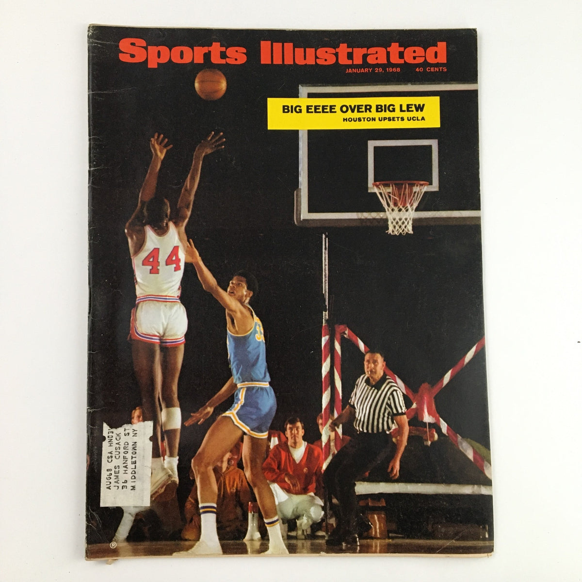 Cover of Sports Illustrated Magazine dated January 29, 1968, featuring basketball players Elvin Hayes and Kareem Abdul-Jabbar with the headline 'Big Eeee Over Big Lew' highlighting Houston's upset over UCLA.