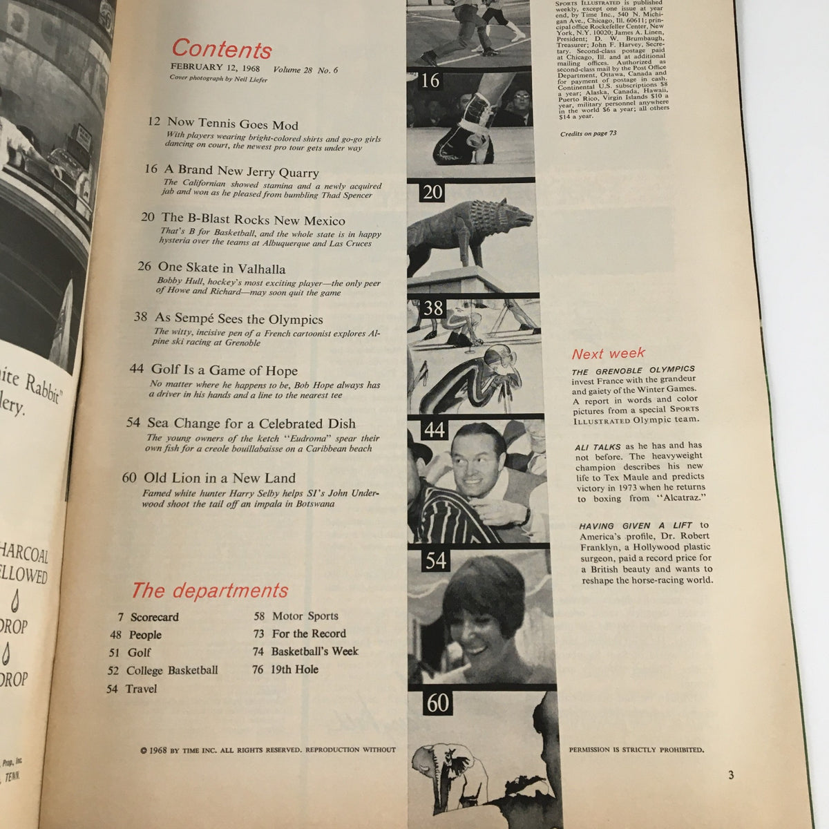 Contents page of Sports Illustrated Magazine dated February 12, 1968, showcasing various articles including a feature on Bobby Hull, and detailing sports topics of the time.