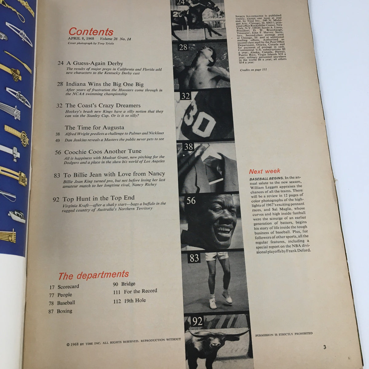 Contents page of Sports Illustrated Magazine April 8 1968 outlining featured stories, including articles about sports events and personalities.