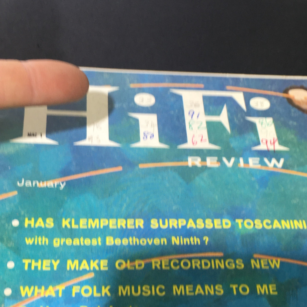 Close-up of the title section of VTG HiFi Review Magazine January 1959, highlighting the prominent question 'Has Klemperer Surpassed Toscanini?' with colorful annotations.