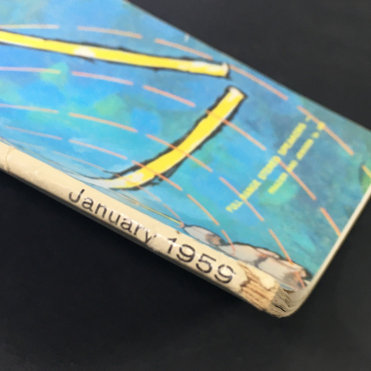 Spine view of VTG HiFi Review Magazine January 1959, showing the publication date and vibrant cover design.