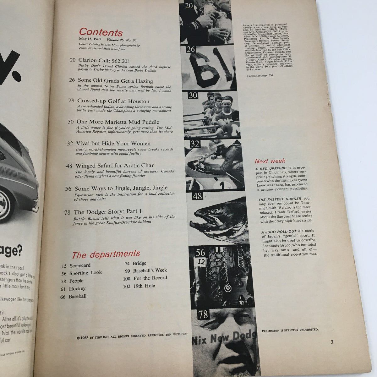 Contents page of Sports Illustrated Magazine May 15 1967, featuring features like The Dodger Story Part 1, along with articles on sports events and highlights of the era.