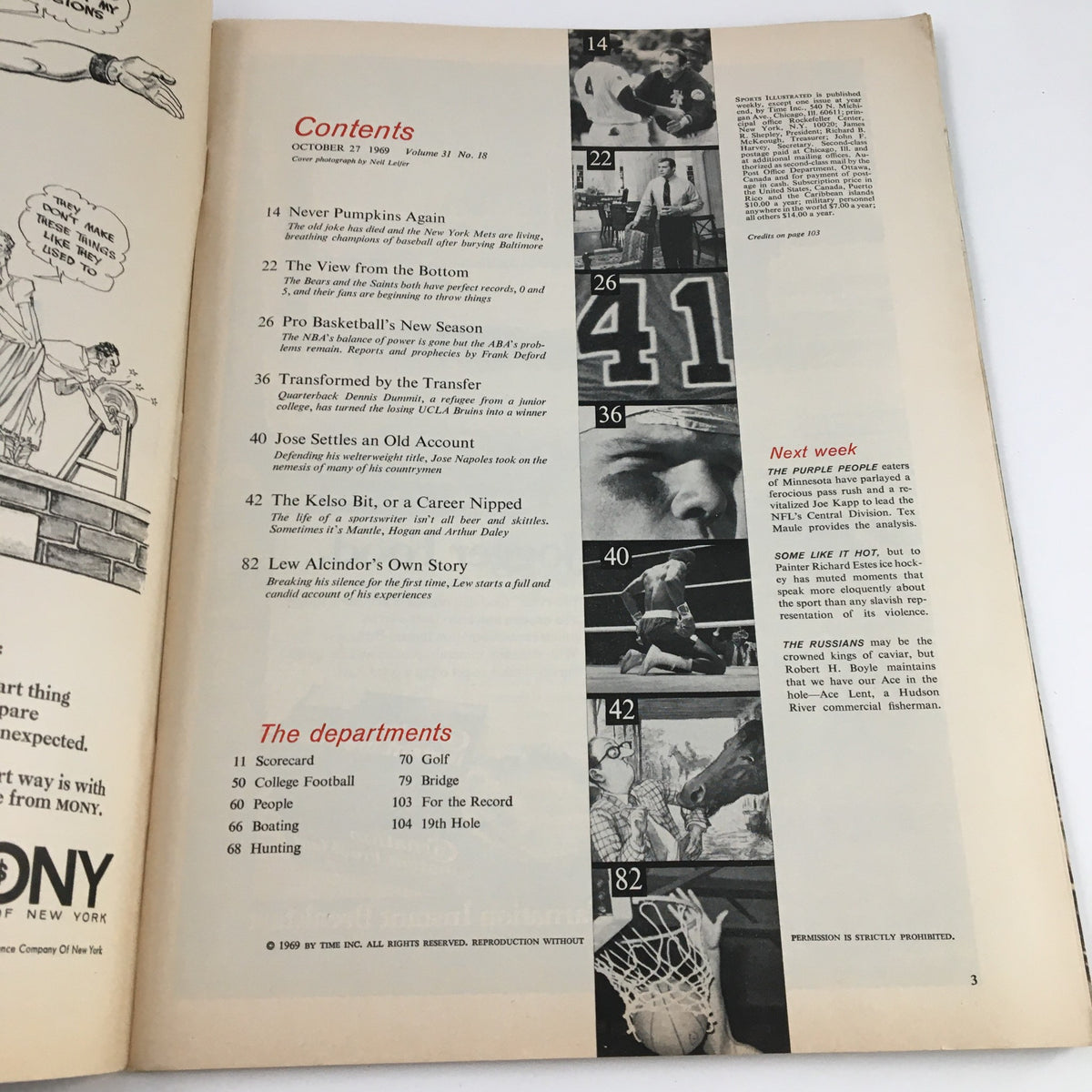 Contents page of Sports Illustrated Magazine, October 27, 1969, featuring the article 'My Story' by Lew Alcindor, highlighting various sections and articles included in the issue.