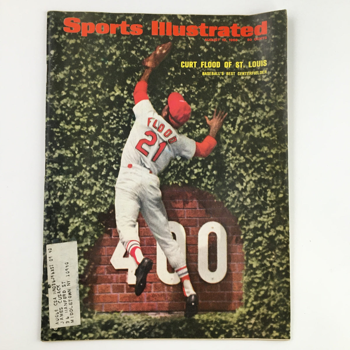 Cover of Sports Illustrated Magazine, August 19, 1968 featuring Curt Flood of St. Louis' Centerfield, showcasing the athlete catching a baseball against a green backdrop.