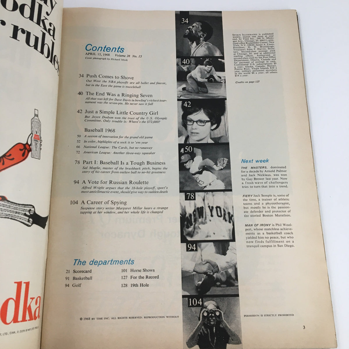 Contents page of Sports Illustrated Magazine April 15 1968, displaying articles including Baseball 1968 and features on various sports topics.