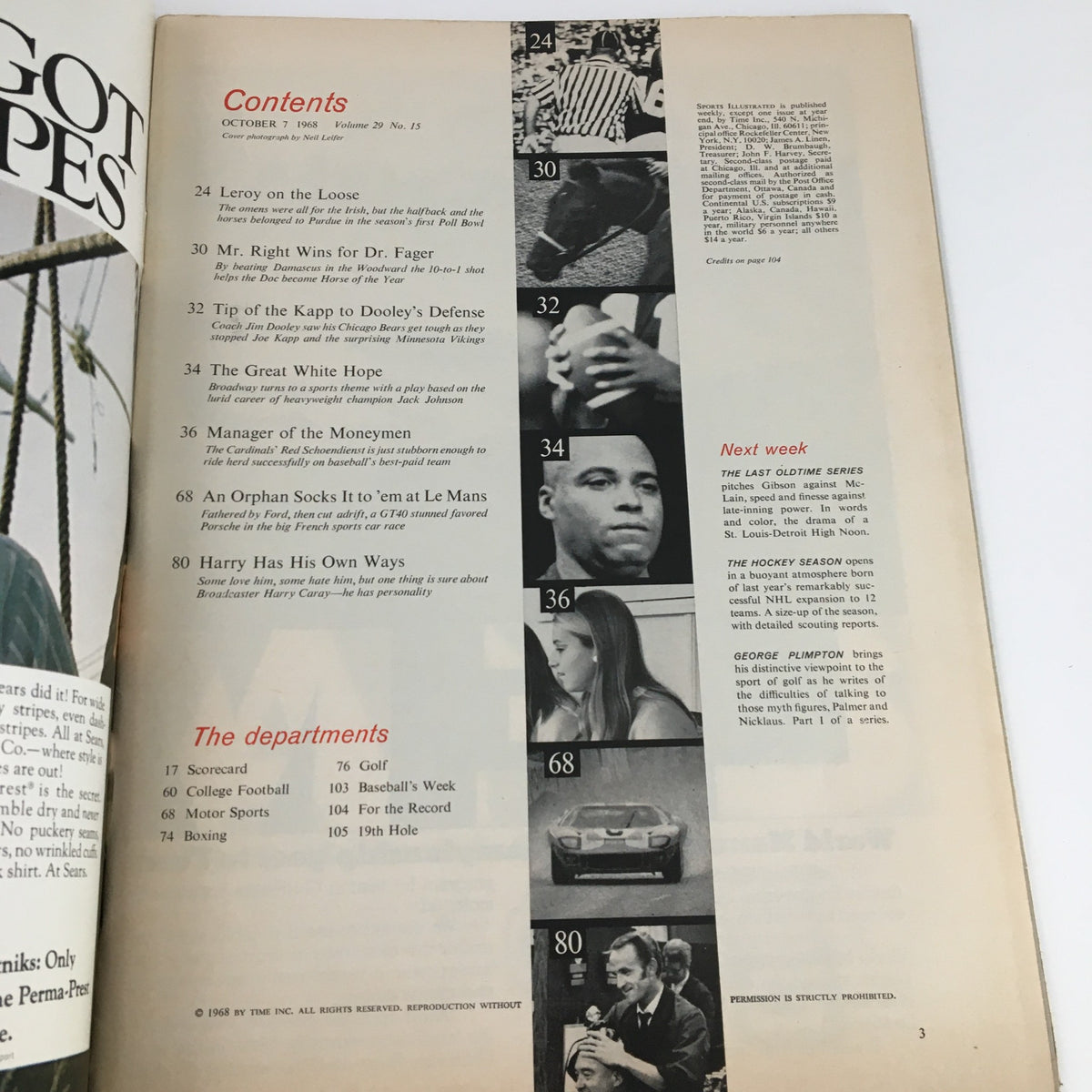 Table of contents page from Sports Illustrated Magazine October 7, 1968, detailing articles and features including Leroy on the Loose and The Great White Hope.