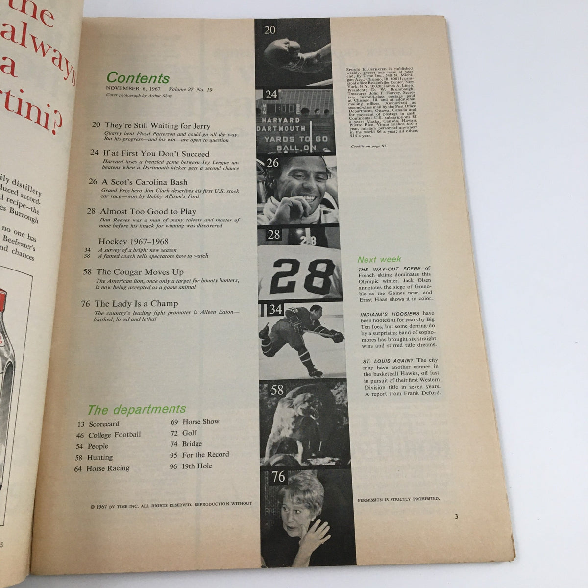 Contents page of Sports Illustrated Magazine November 6, 1967 featuring articles including 'They're Still Waiting for Jerry', 'Almost Too Good to Play', and 'The Lady is a Champ'. This issue highlights Dan Reeves of Dallas, the Unwanted Cowboy, showcasing the diverse range of sports topics covered during this vintage era.