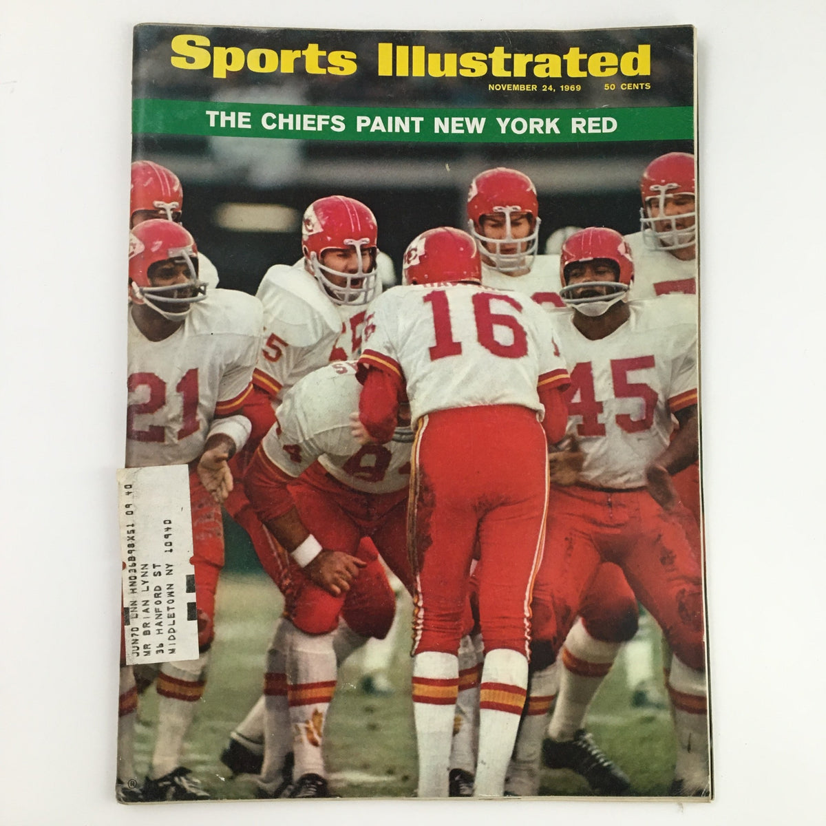 Cover of Sports Illustrated Magazine dated November 24, 1969, titled 'The Chiefs Paint New York Red,' featuring the Kansas City Chiefs football team in their iconic uniforms.