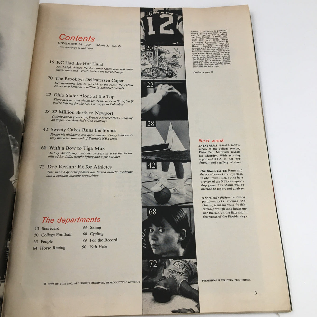 Contents page of Sports Illustrated Magazine from November 24, 1969, detailing various articles including 'KC Had the Hot Hand' and 'Ohio State: Alone at the Top,' associated with the issue titled 'The Chiefs Paint New York Red.'