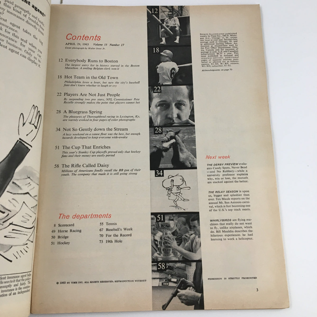 Inside page of Sports Illustrated Magazine April 29 1963 featuring contents listing and graphic elements. Highlights include articles such as 'Everybody Runs to Boston,' 'Players Are Not Just People,' and sports topics from the era, centering around pitcher Art Mahaffey, capturing the essence of baseball in Philadelphia.