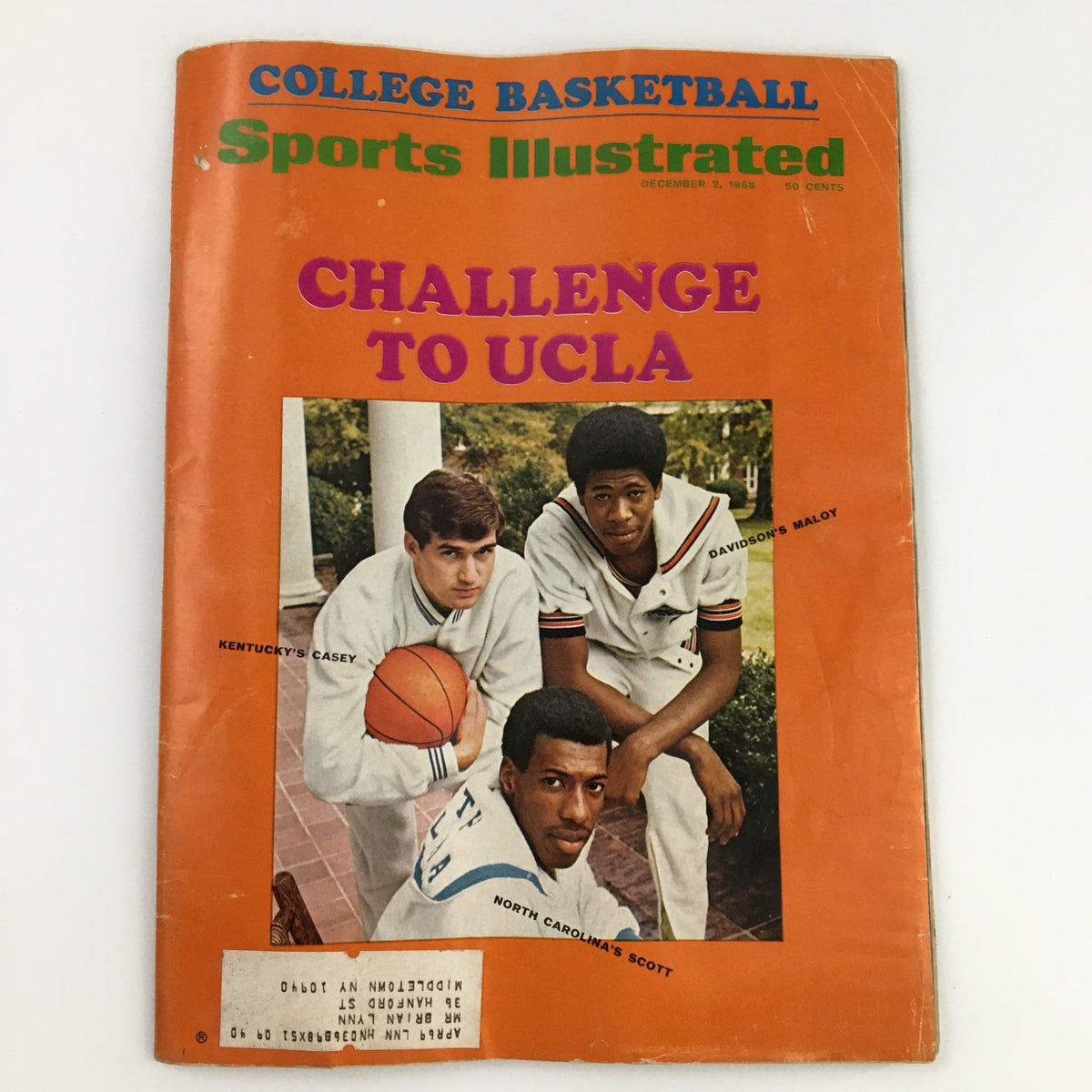 Sports Illustrated Magazine cover from December 2, 1968, featuring an article titled 'Challenge to UCLA' with images of college basketball players from Kentucky, Davidson, and North Carolina.