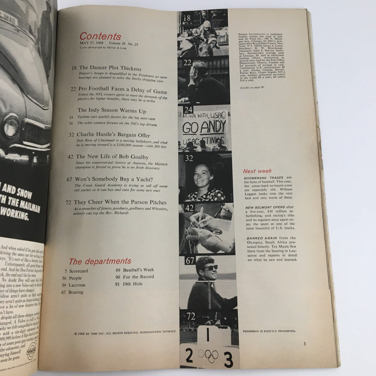 Contents page of the Sports Illustrated Magazine May 27 1968 edition, highlighting articles including a feature on Pete Rose and other sports stories.