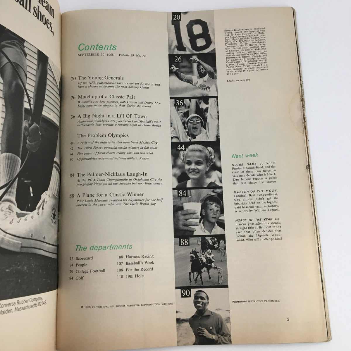 Contents page of Sports Illustrated Magazine, September 30, 1968, listing articles about Bob Gibson and Denny McLain along with other sports features.