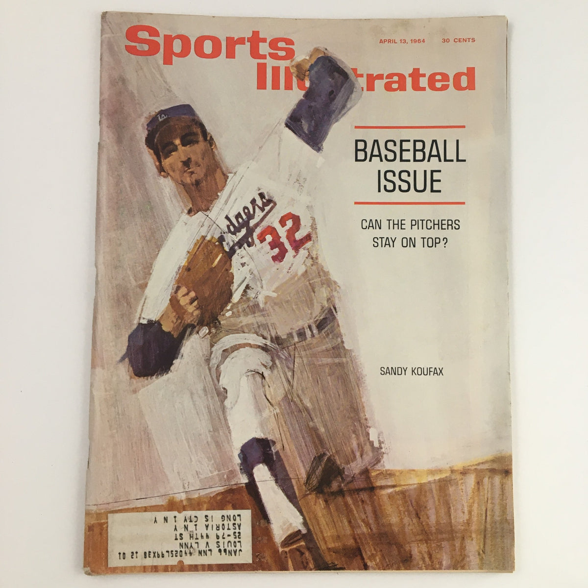 Sports Illustrated Magazine cover from April 13, 1964, featuring Baseball Pitcher Sandy Koufax. The cover highlights the 'Baseball Issue' with a focus on pitcher performance, showcasing a vintage artistic representation of Koufax in his Dodgers uniform.