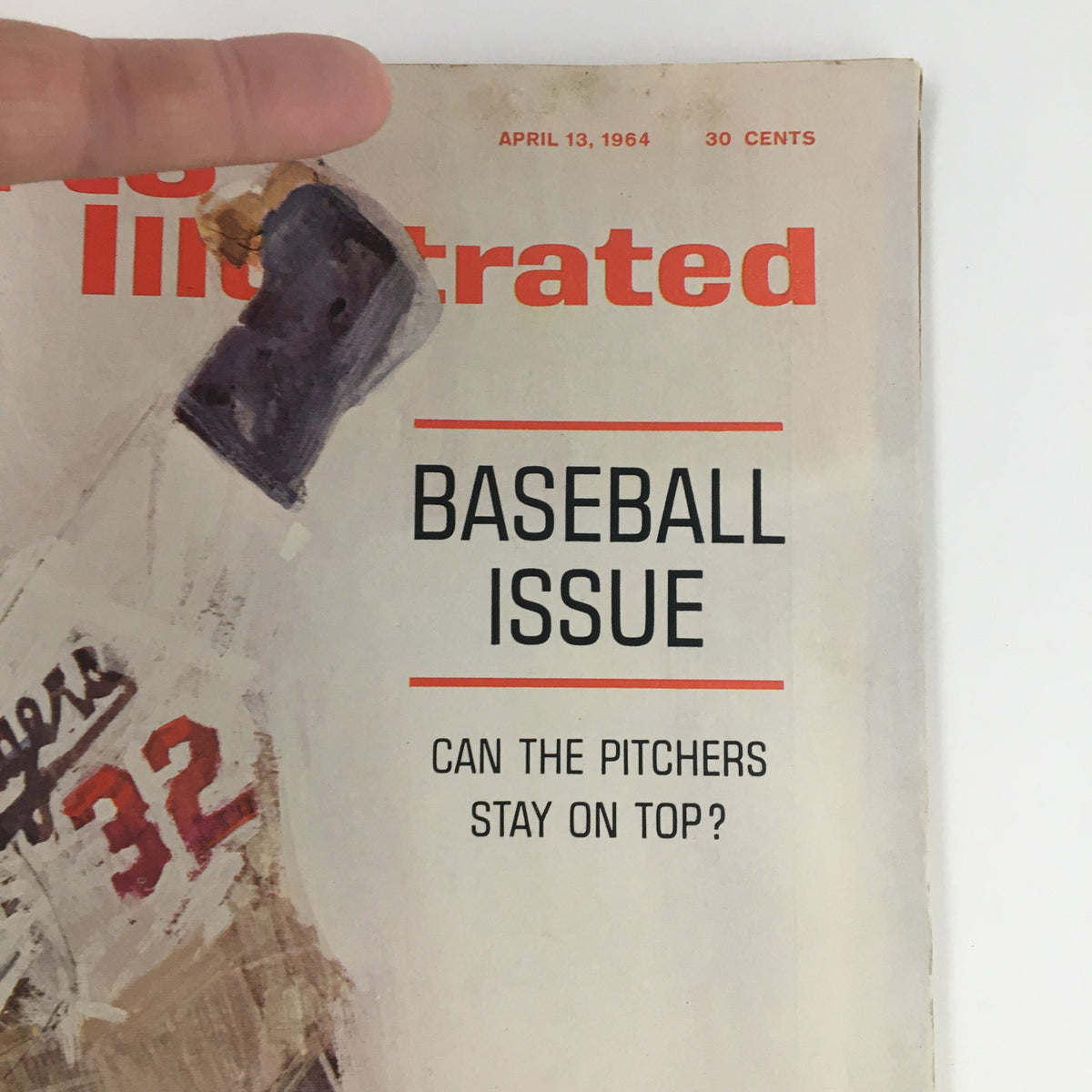 Cover of Sports Illustrated Magazine April 13, 1964 featuring a baseball issue with the headline 'Can the Pitchers Stay on Top?' Captures the era of 1960s baseball and includes an illustration of a pitcher.