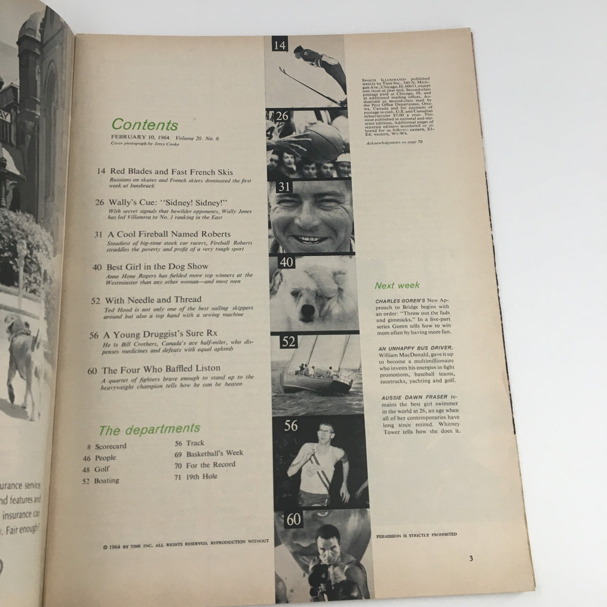 Inside page of Sports Illustrated Magazine February 10 1964 showing the contents, highlighting articles including ski coverage and features on notable athletes.
