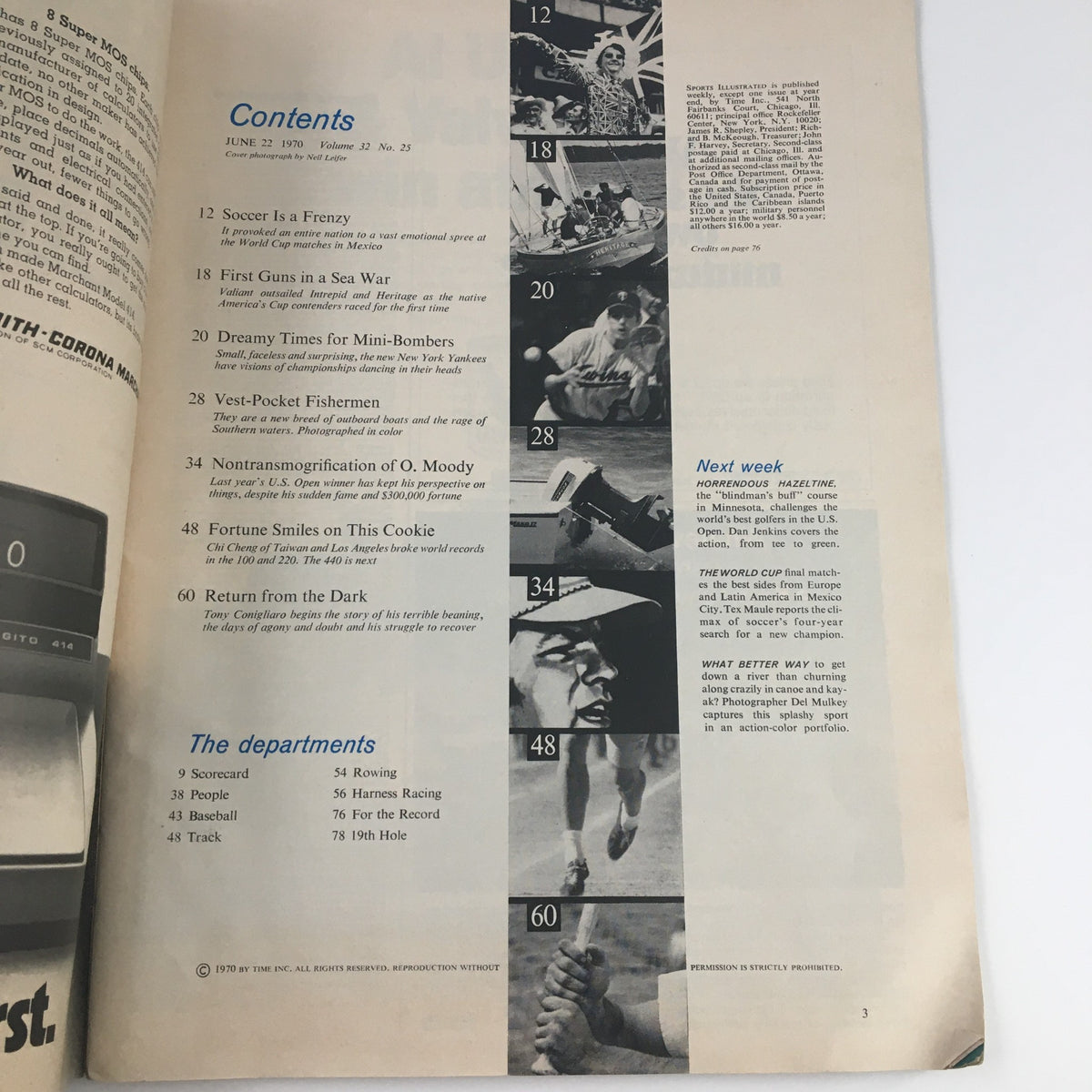 Inside page of Sports Illustrated Magazine June 22 1970 displaying the table of contents, summarizing featured articles including Tony Conigliaro's story.