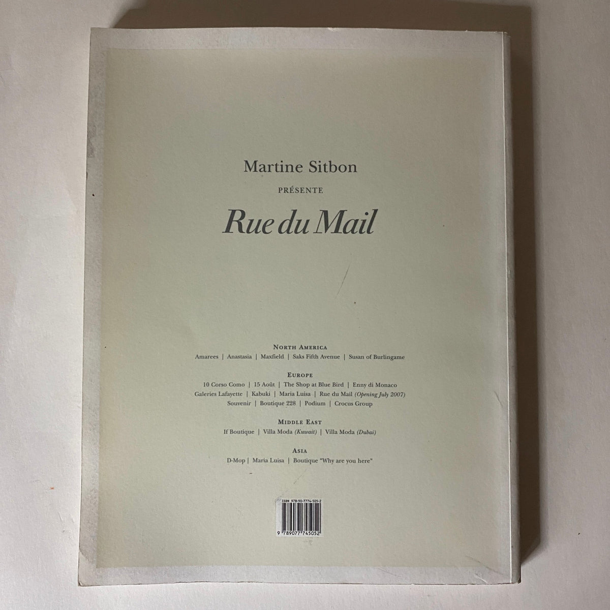 Back cover of A Magazine 2007 Curated by Martine Sitbon No Label, showcasing the title 'Rue du Mail' along with contributors and editorial details.