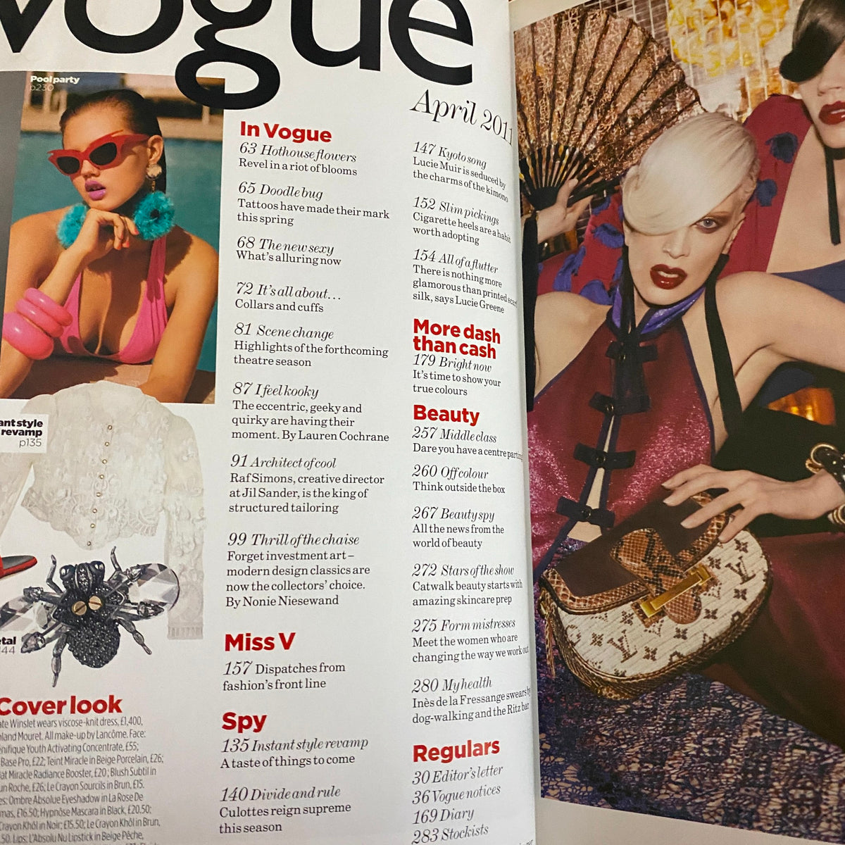 Table of contents page from Vogue Magazine April 2011, highlighting articles and features.