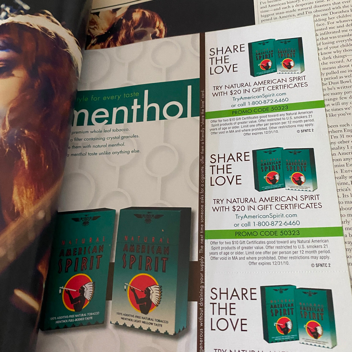 Advertising page from Interview Magazine May 2010 displaying promotional content for American Spirit cigarettes, juxtaposed with a lifestyle aesthetic.