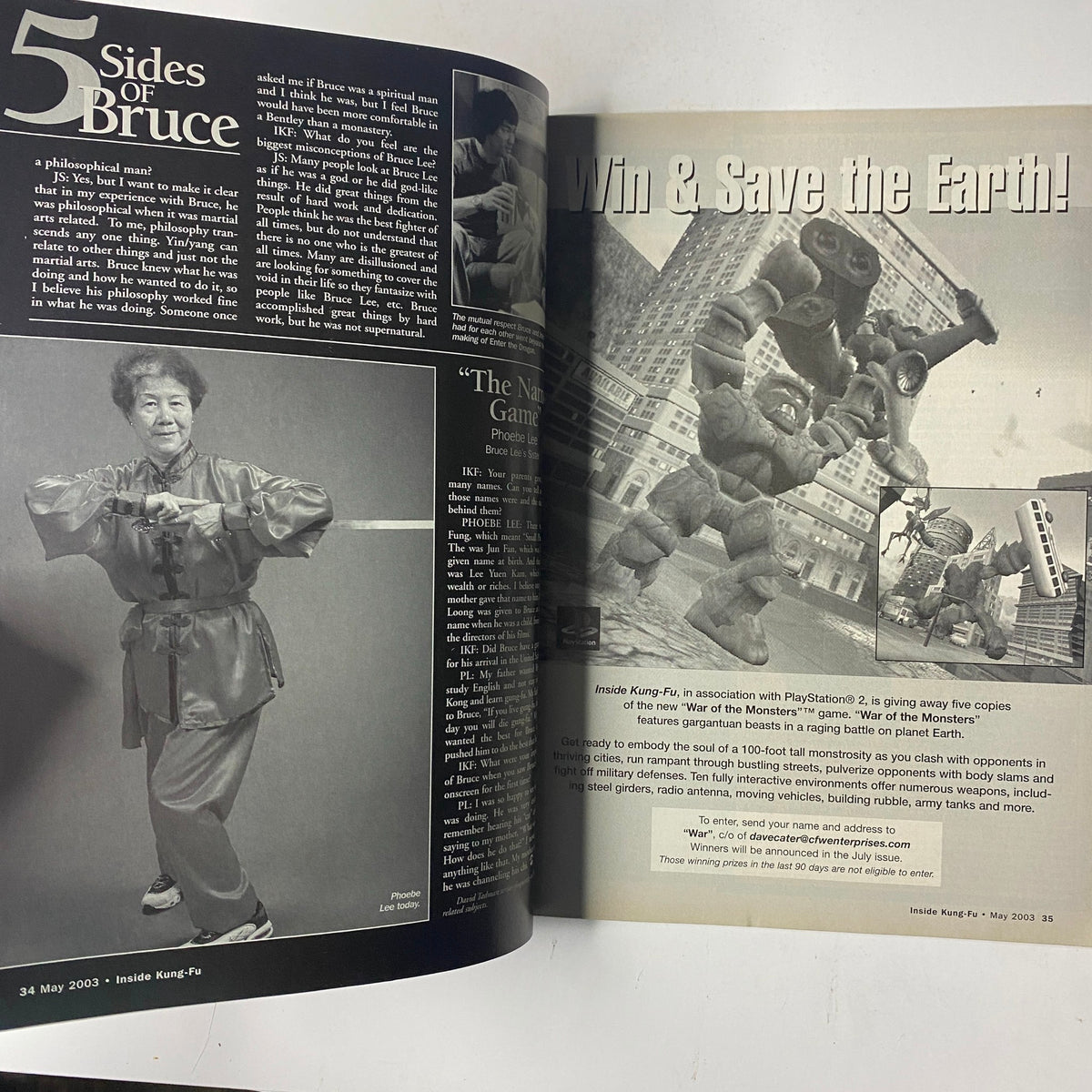 Inside Kung Fu Magazine May 2003 Vol. 31, No. 5 featuring the article '5 Sides of Bruce' with personal accounts of Bruce Lee. A page spread including martial artist and historical imagery reflecting martial arts culture.