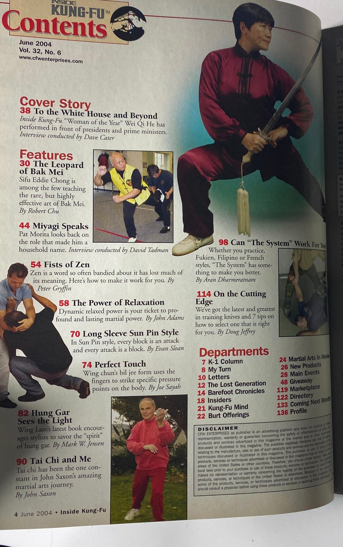 Contents page of Inside Kung Fu Magazine June 2004 Vol. 32, No. 6, showcasing featured articles including 'The Leopard of Bak Mei', 'Miyagi Speaks', and 'The Power of Relaxation'.