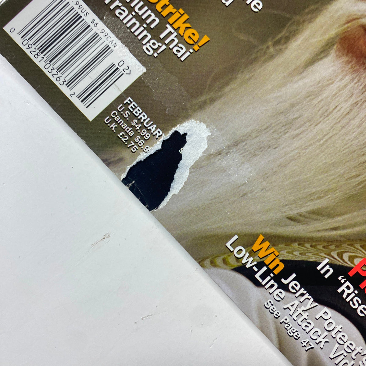 Detail image of the February 2004 Inside Kung Fu Magazine with a noticeable tear on the cover, still featuring Gordon Liu, highlighting issues in the magazine's condition.