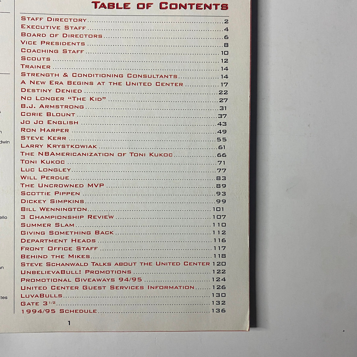 1994 - 1995 Chicago Bulls Official Yearbook table of contents detailing significant sections including player profiles, coaching staff, and major highlights from the season.