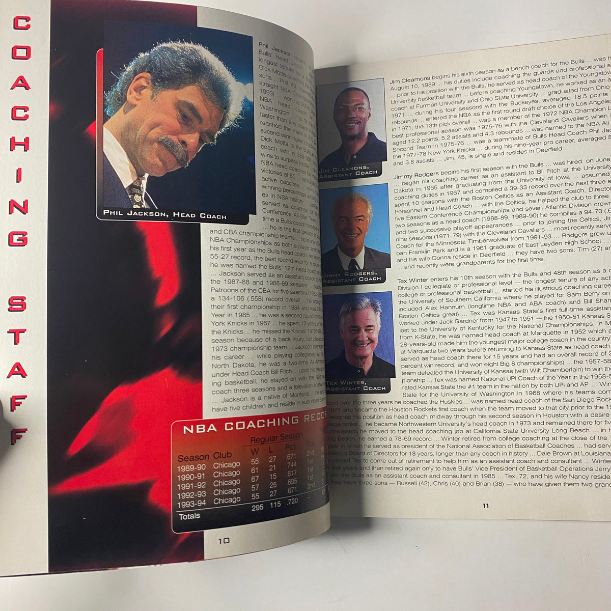 1994 - 1995 Chicago Bulls Official Yearbook featuring Phil Jackson, head coach, alongside coaching staff, highlighting their contributions during a pivotal season.